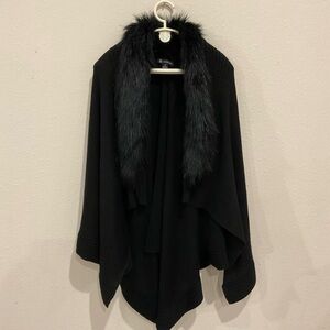 INC International Concepts Knit Cape Faux Fur Collar Black Poncho Size S/M